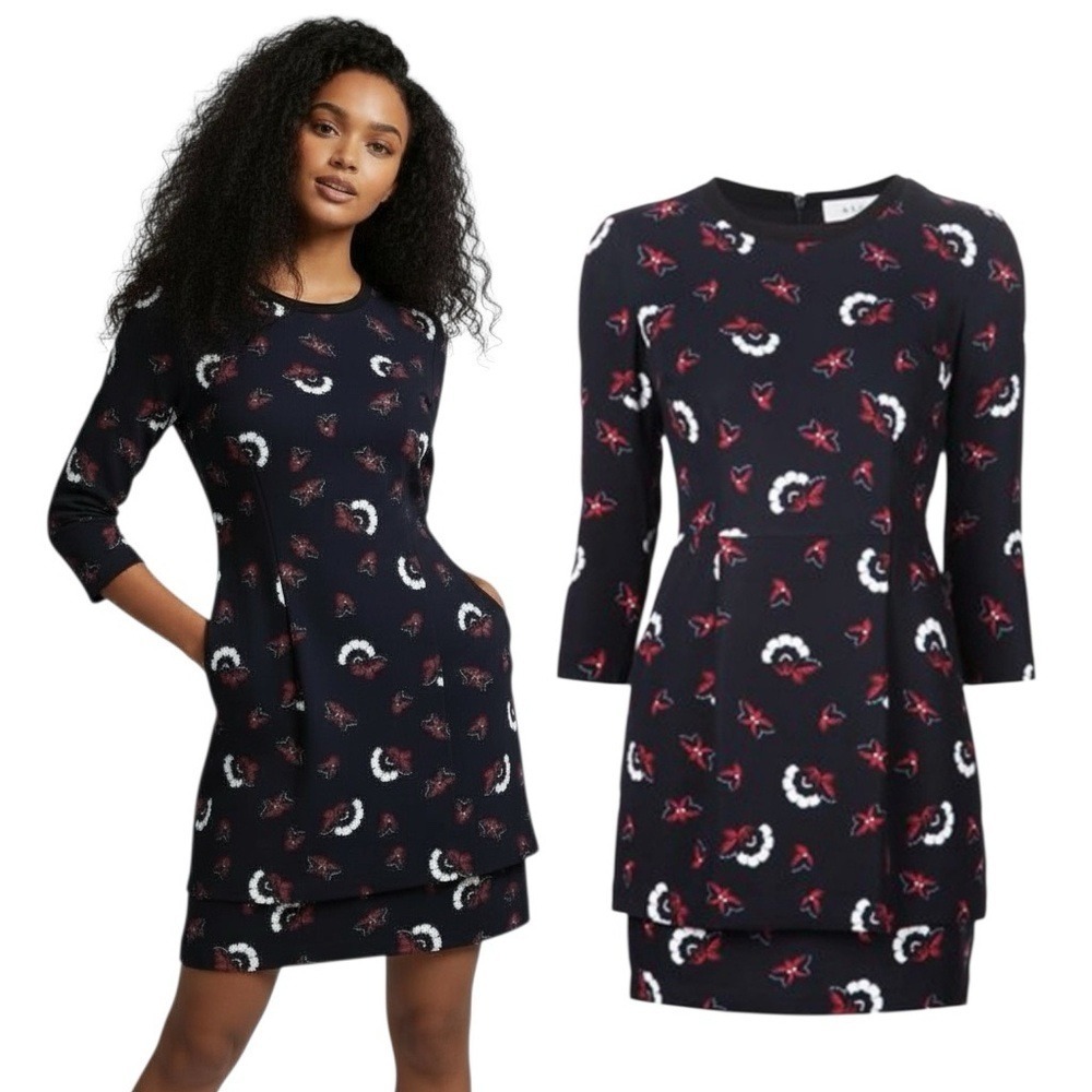 A.L.C. Women Navy Floral Silk Mini Dress 6 Layered Hem 3/4 Sleeve Designer Chic